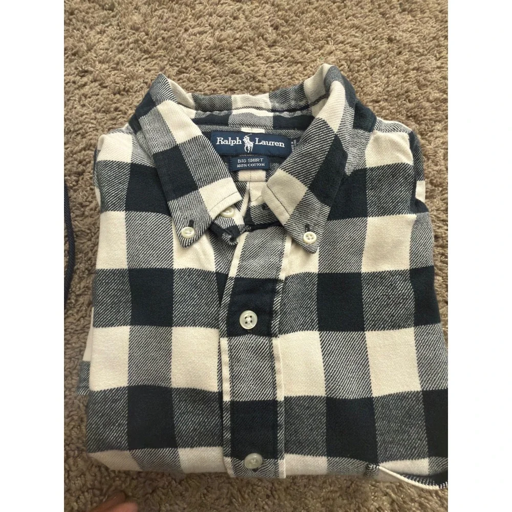 Ralph Lauren Vintage Big Shirt Mens XL Black White Buffalo Plaid‎ Flannel OS